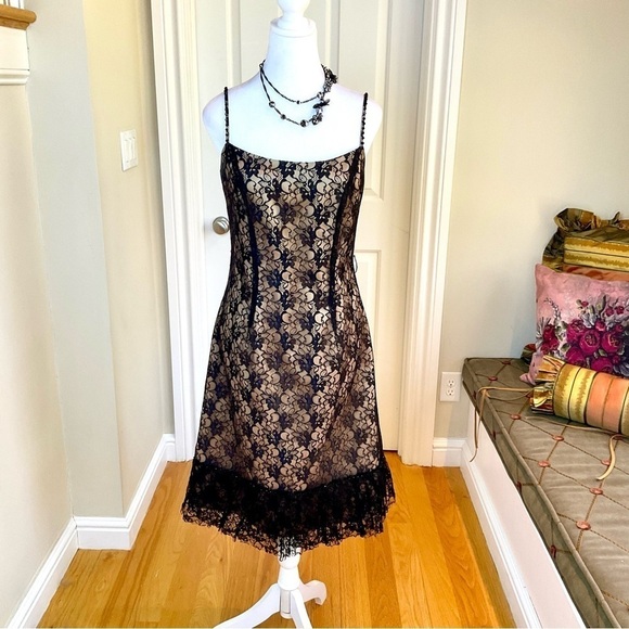 Vintage Dresses & Skirts - Jade by Melody Tam Cocktail Dress in Black & Nude Lace Y2K Slip Dress Beads (6)